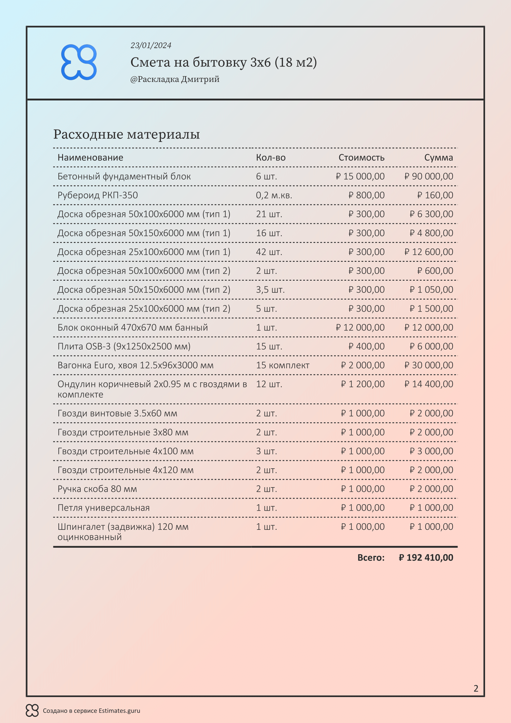 Смета на бытовку, образец 2024, экспорт в PDF / XLS, Интеграция с ...