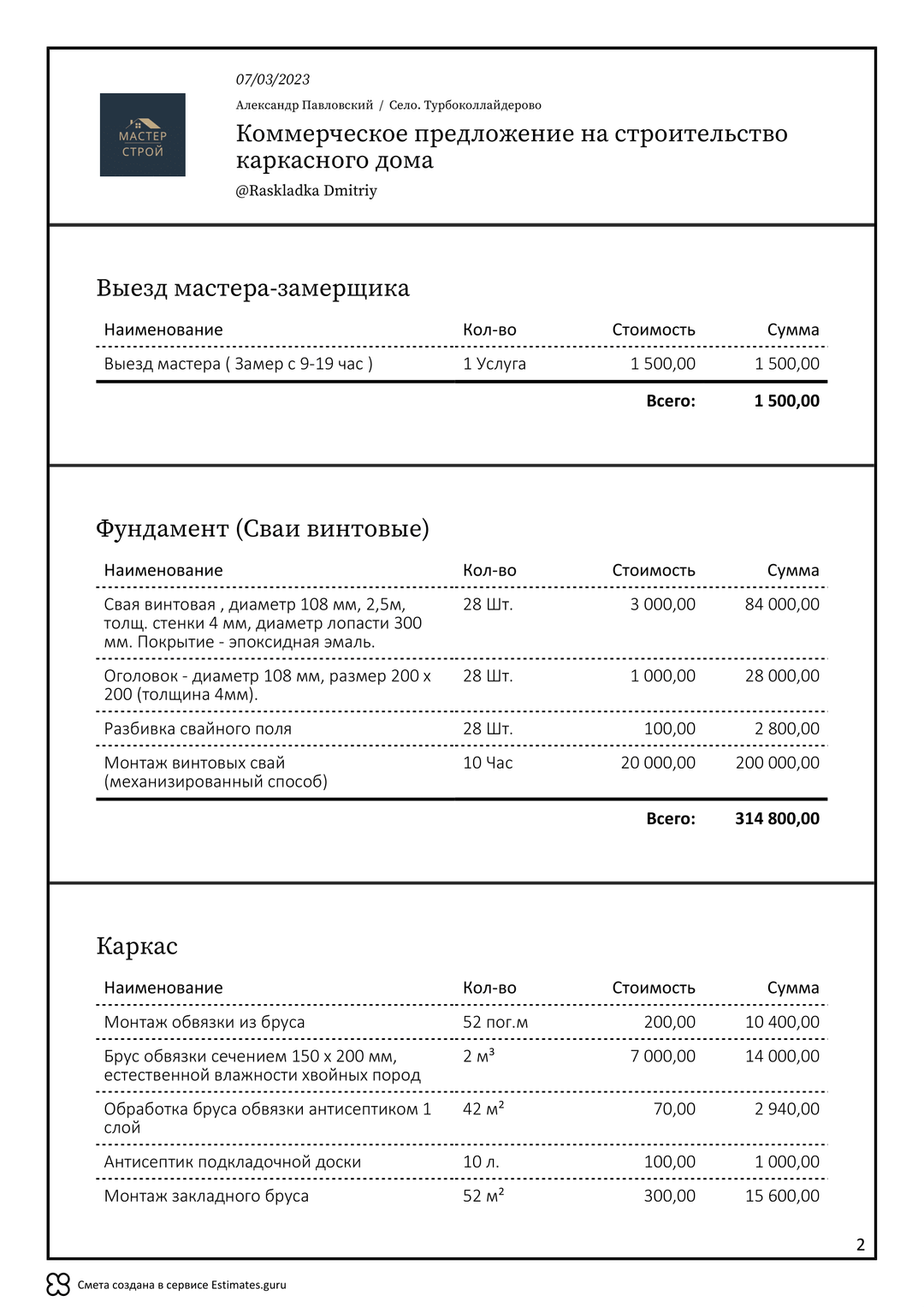 Сделать коммерческое предложение на строительство каркасного дома ...