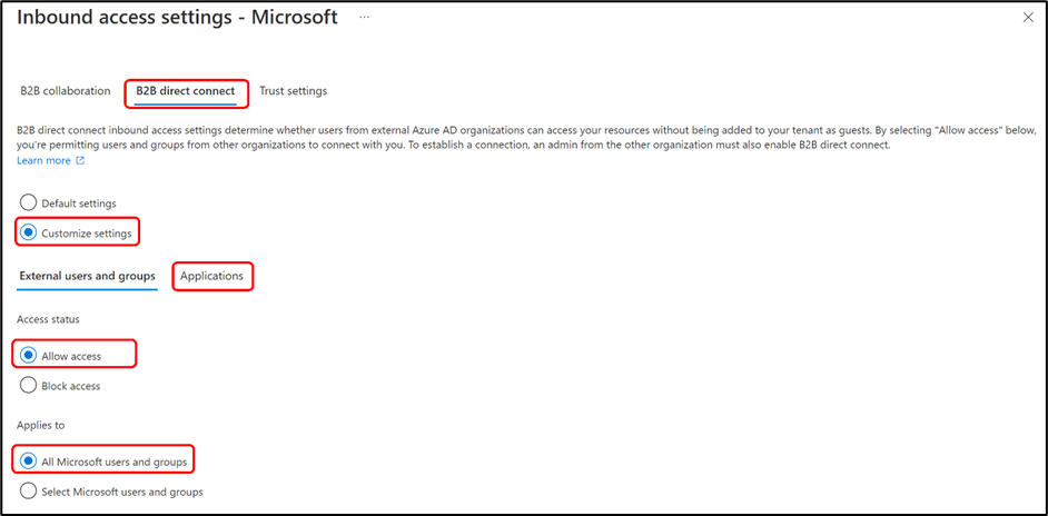 Inbound access settings in Microsoft