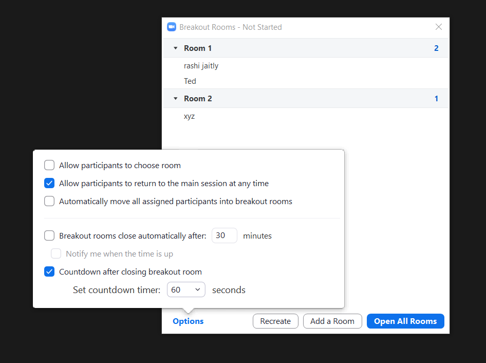 Zoom breakout room settings