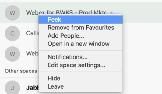 "Peek" option selected in a dropdown menu