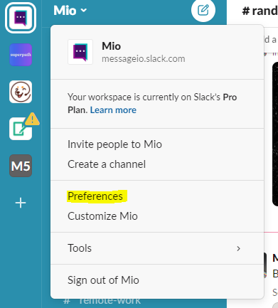 The "Preferences" button highlighted on the drop-down menu on the profile, "Mio," on Slack
