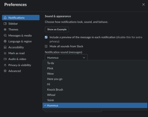"Notifications" button, then "Hummus" button highlighted on Slack's "Preferences" screen