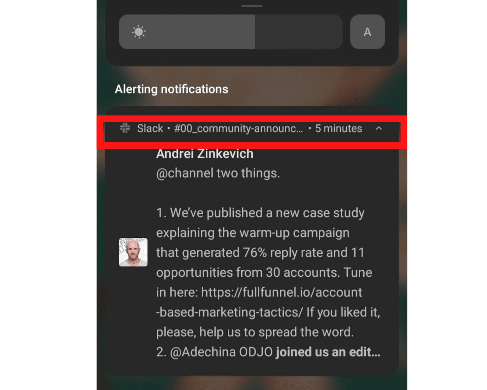 Example of banner notification on Slack that highlights the channel name and how much time has elapsed since the notification