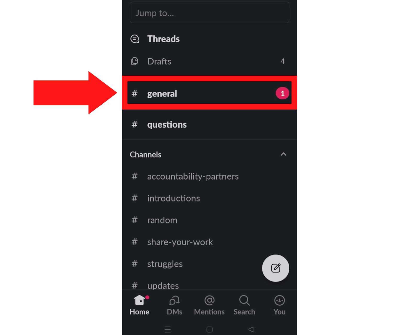 Example of sidebar notification on Slack that highlights the channel, "general"
