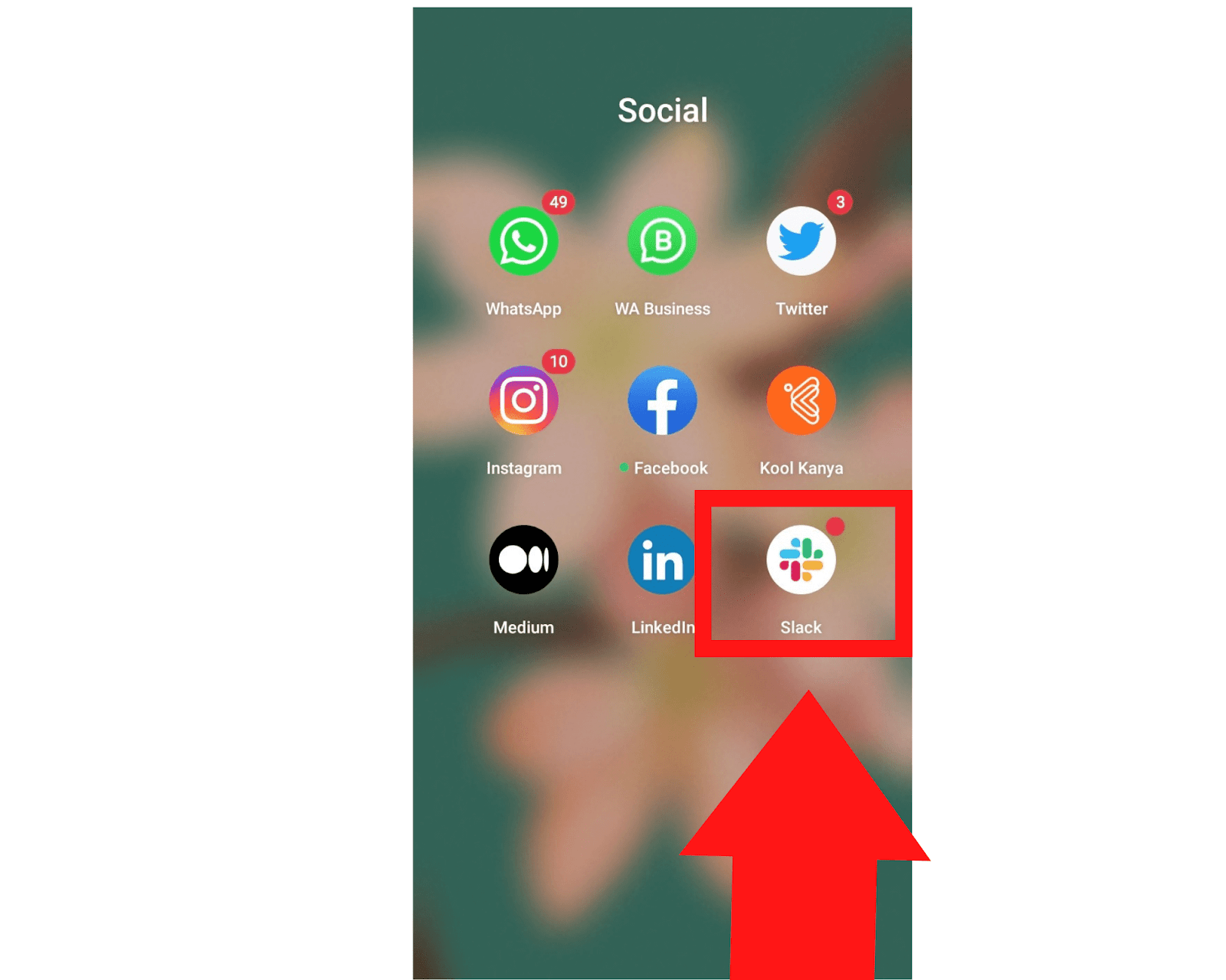 The Slack mobile app highlighted among other social media and communication apps like WhatsApp, Twitter, Instagram, Facebook, Kool Kanya, Medium, and LinkedIn.