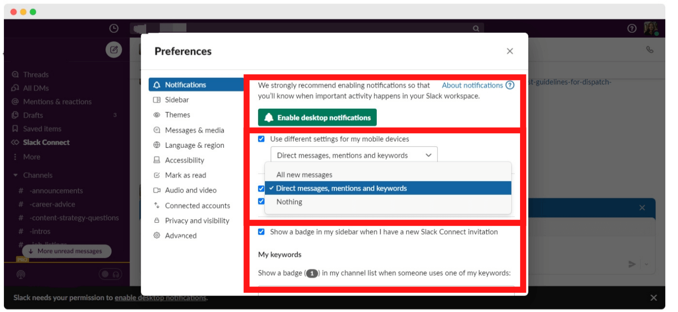 The "Notifications" screen highlighted on Slack's larger "Preferences" screen