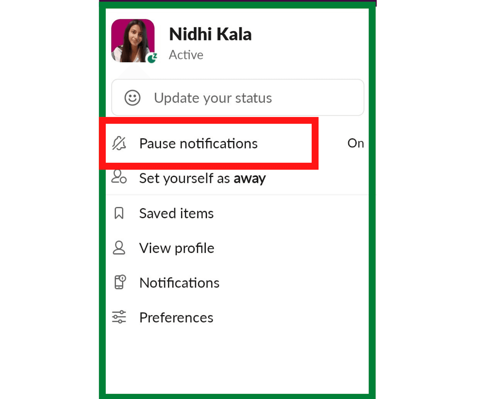 "Pause notifications" button highlighted on a Slack user's profile