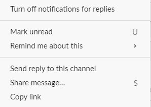 Menu of options that include "Turn off notifications for replies," "Mark unread," "Remind me about this," "Send reply to this channel," "Share message...," "Copy link"