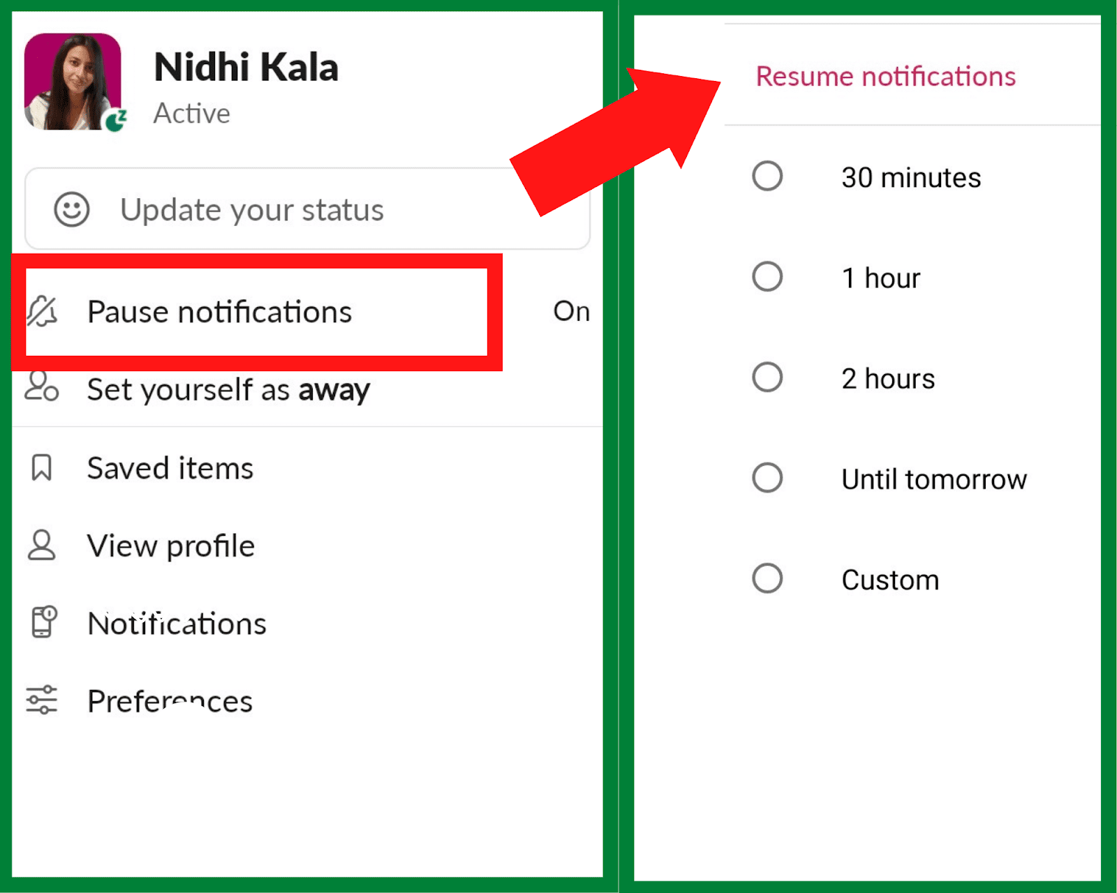 The "Pause notifications" button highlighted on a Slack user's profile with an arrow that points to "Resume notifications" on the dropdown menu
