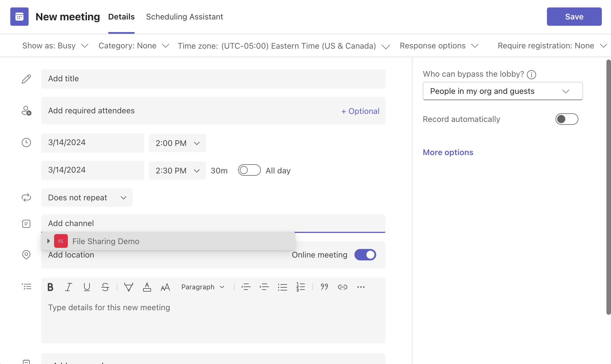 Adding the channel "File Sharing Demo" to