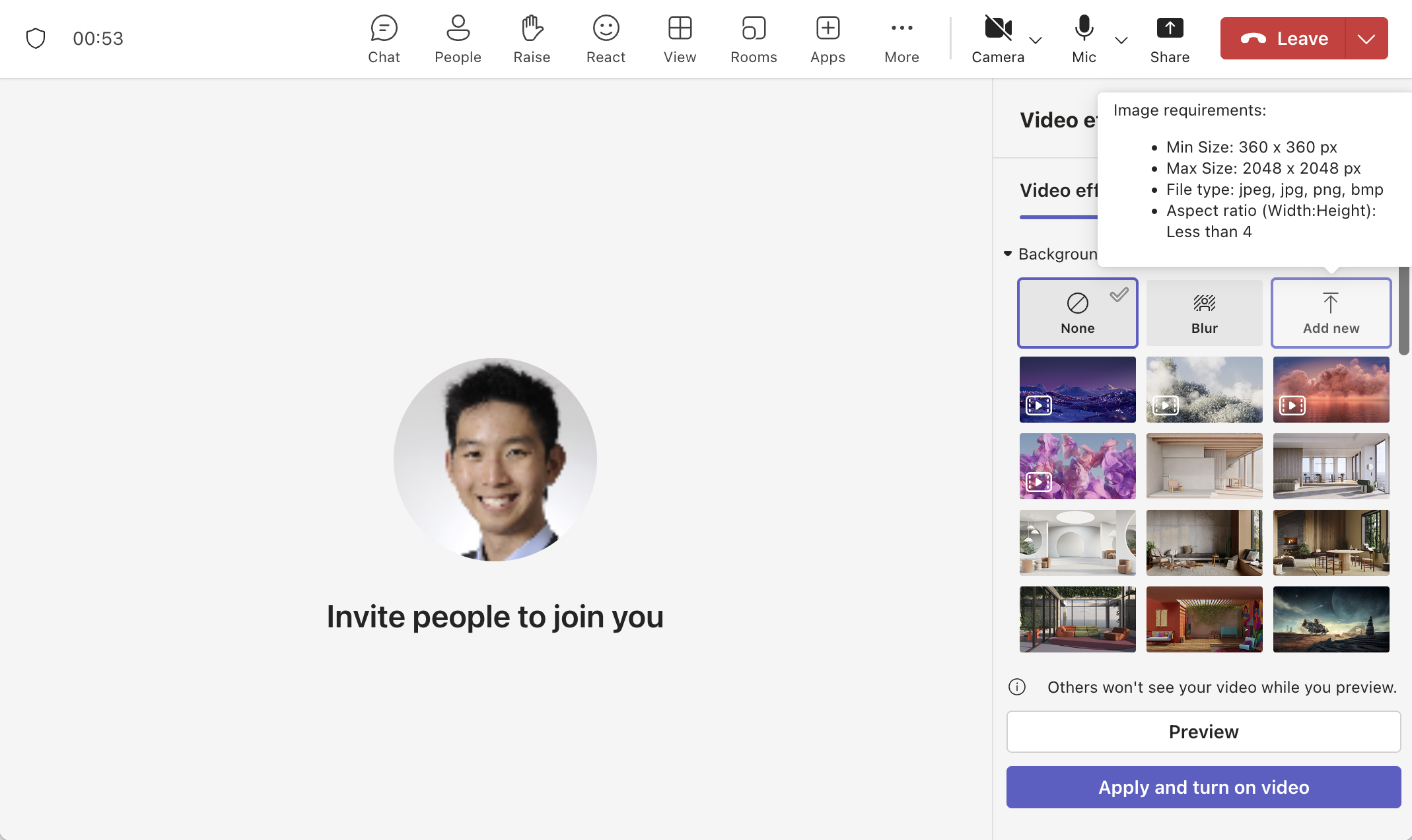 Select a preset background or upload your own to use in Microsoft teams meetings