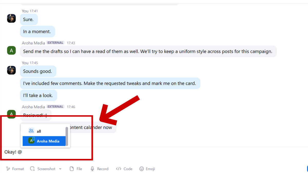 An example of using the @ mention feature on Zoom Chat