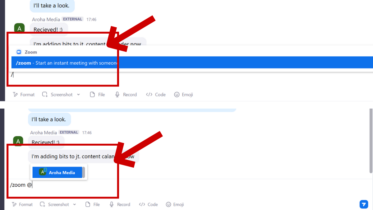 Two screenshots: one of "/" entered into the chat with the "/zoom - Start an instant meeting with someone" option highlighted, and another of "/zoom @" typed into the chat with a user profile highlighted in the options.