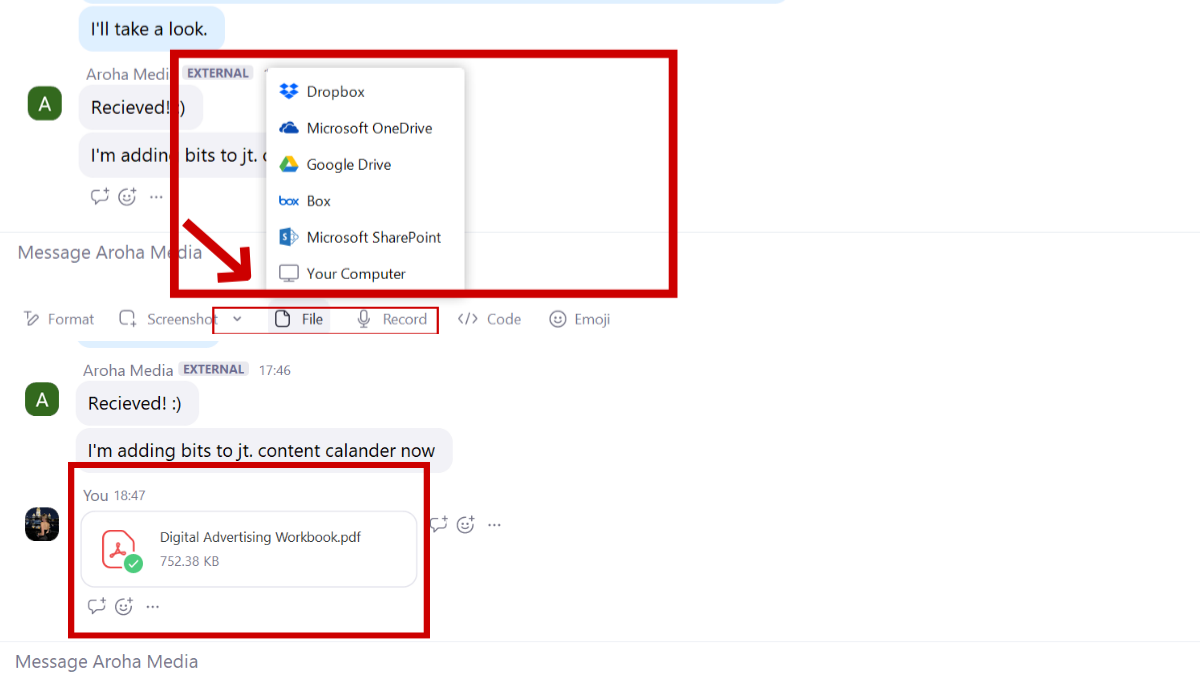 Two screenshots: one highlighting the options that show when the "file" button is pressed in Zoom Chat's screen, and another of a PDF file attached to the chat.