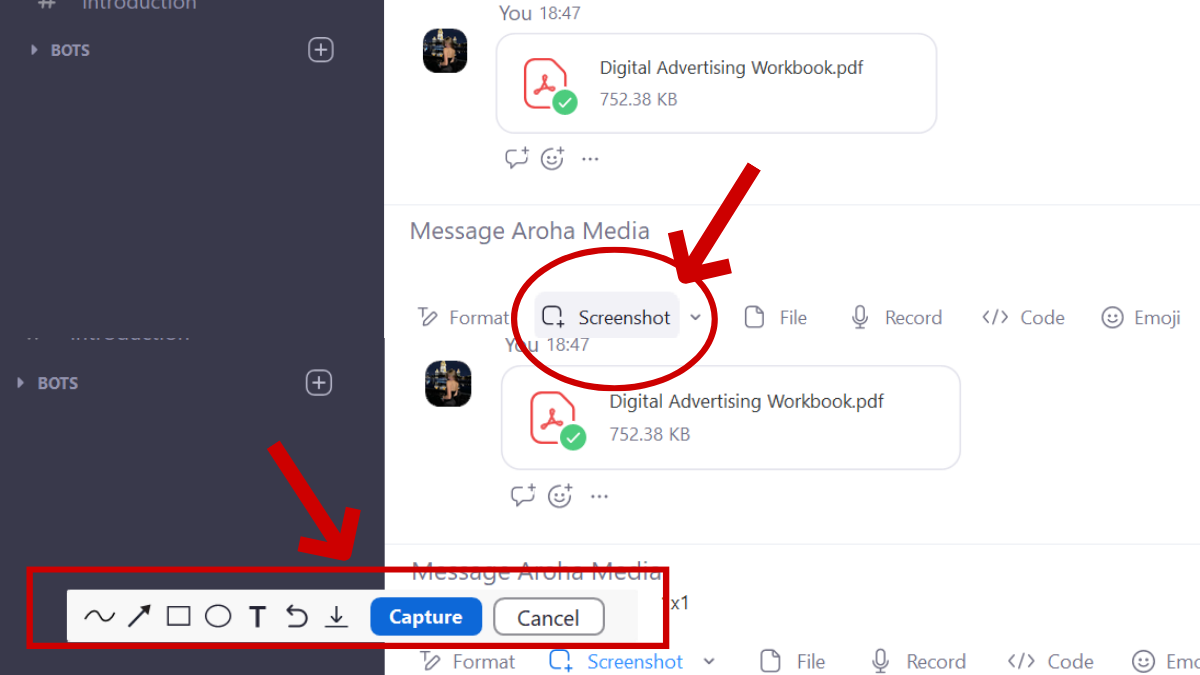 A screenshot of Zoom Chat with the "Screenshot" button highlighted. The "Capture" button in the options that show up at the bottom is selected.
