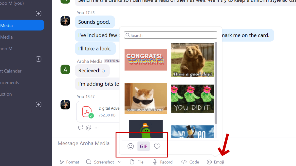 An example screen of the "GIF" button selected in Zoom Chat.