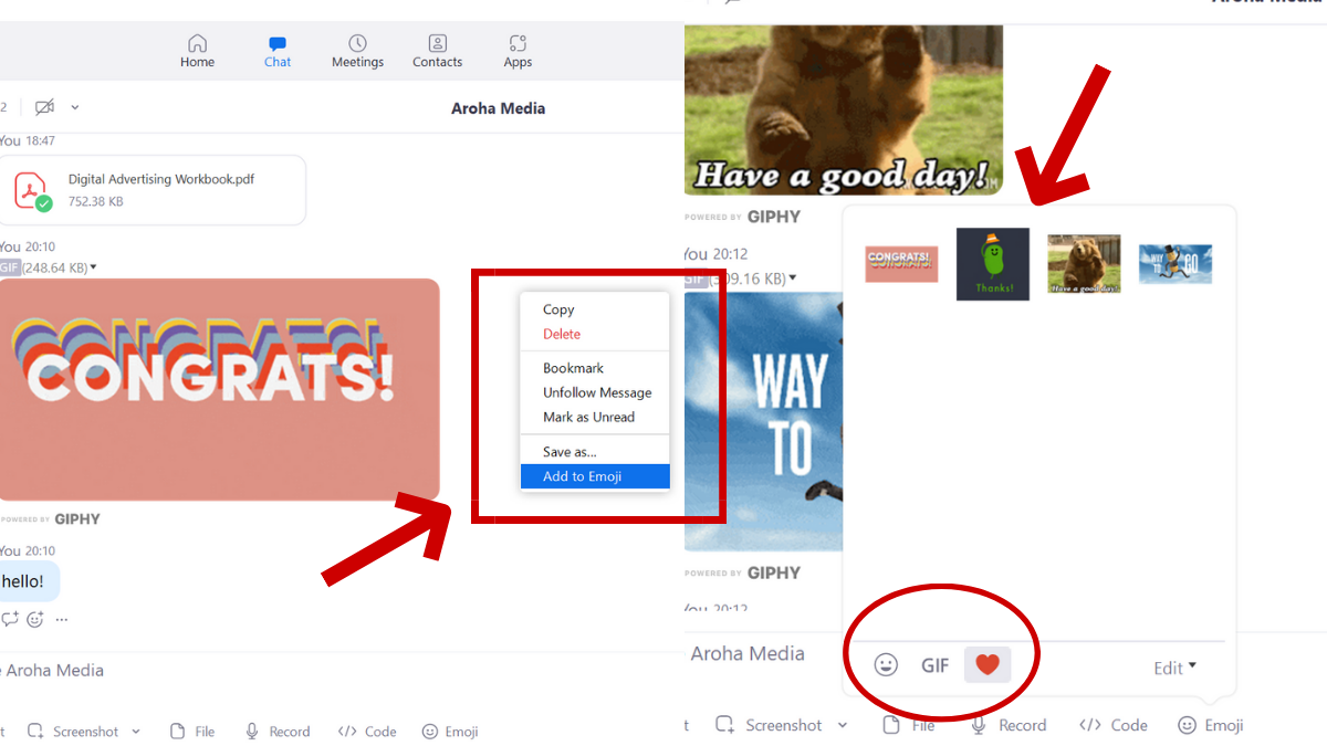Zoom Chat screen that shows the "Add to Emoji" option is selected with a red arrow pointing at a list of Gif's.