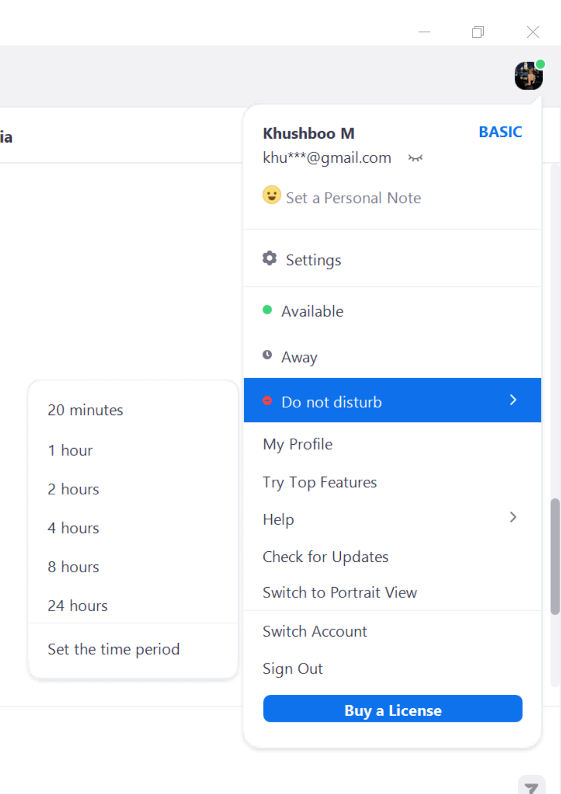An example user profile on Zoom Chat where "Do not disturb" is selected.