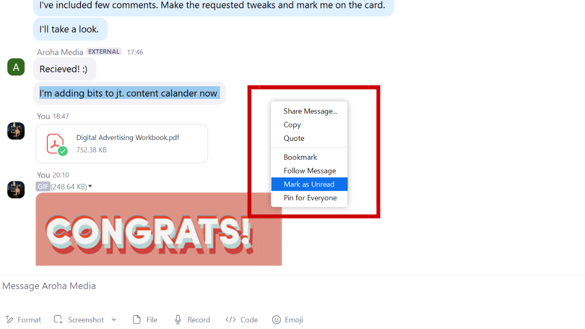 The option "Mark as Unread" is selected