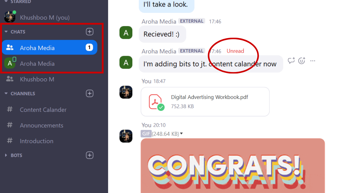 A screenshot of Zoom Chat with the chat, "Aroha Media" selected and a red circle highlighting the "Unread" sign next to a user's name