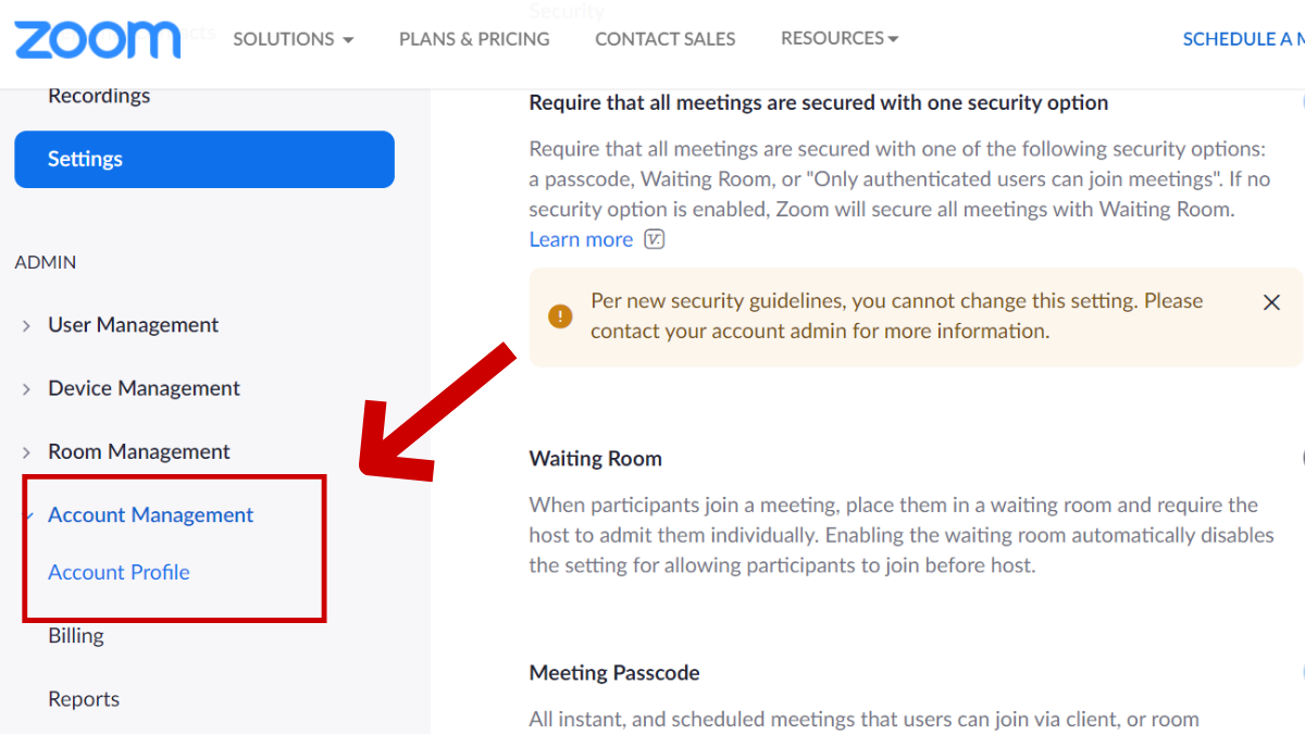 The Zoom settings page where a red rectangle and an arrow are highlighting the options, "Account Management" and "Account Profile."