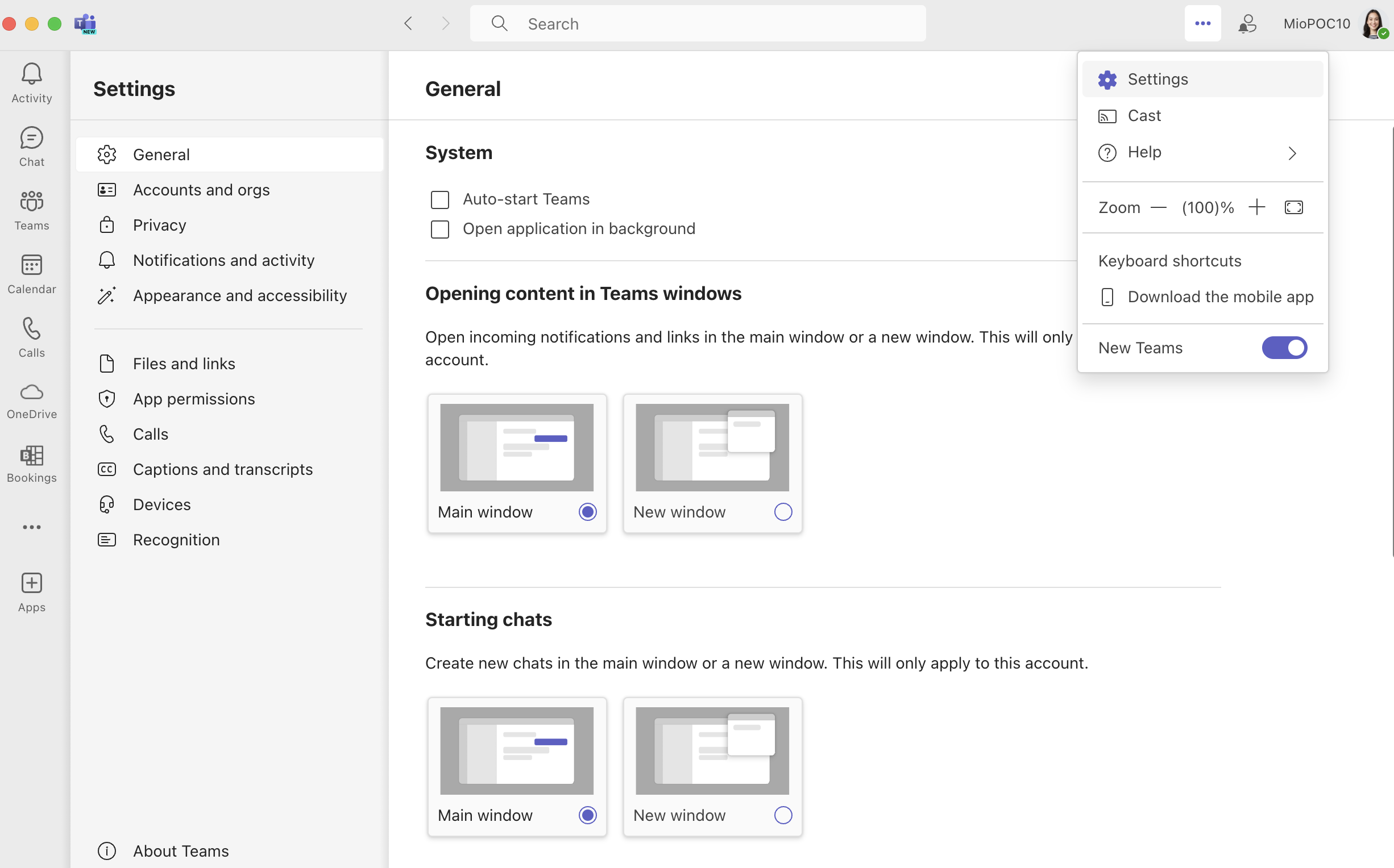 The General Settings tab in Microsoft Teams