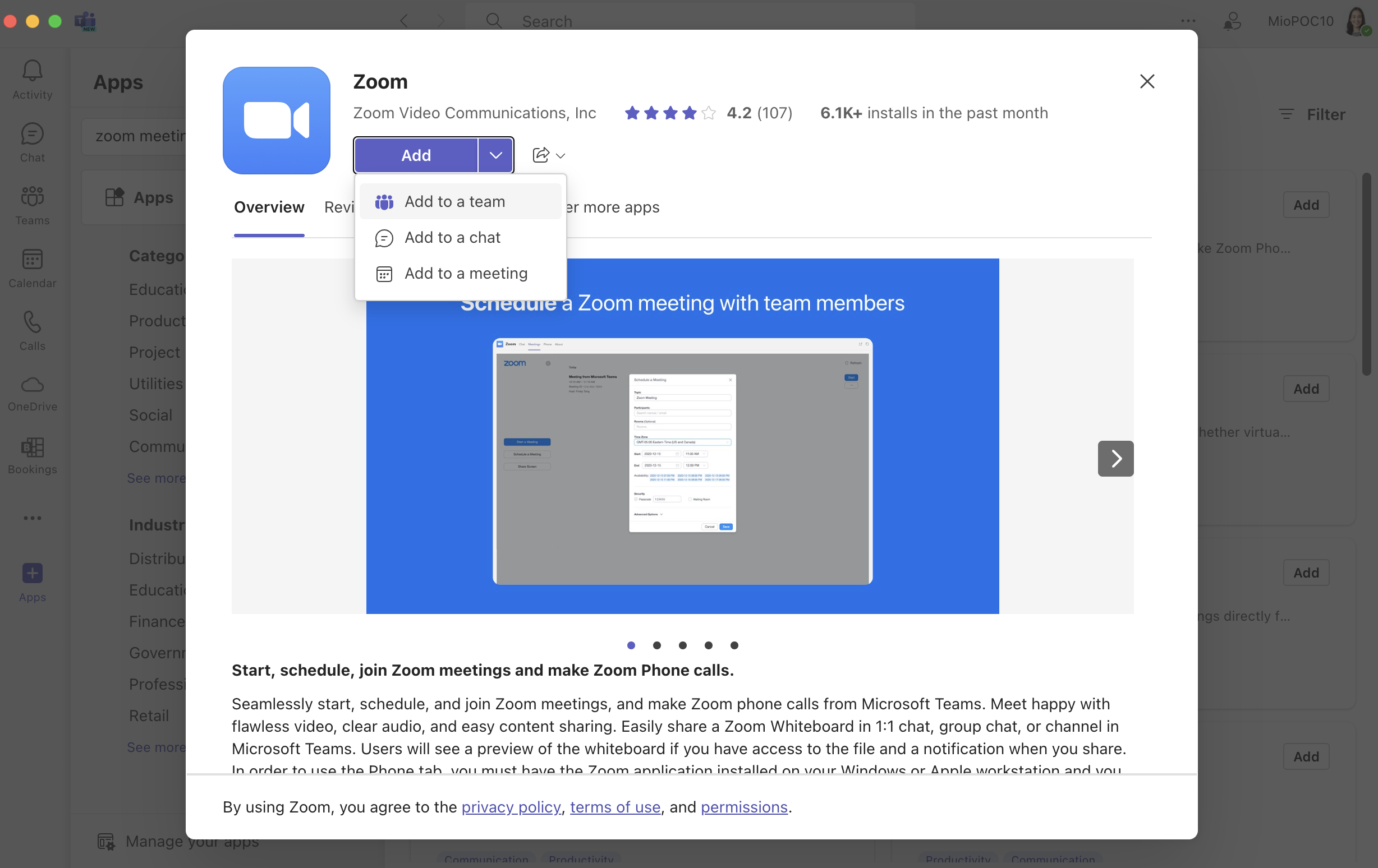 Zoom app in Teams app store