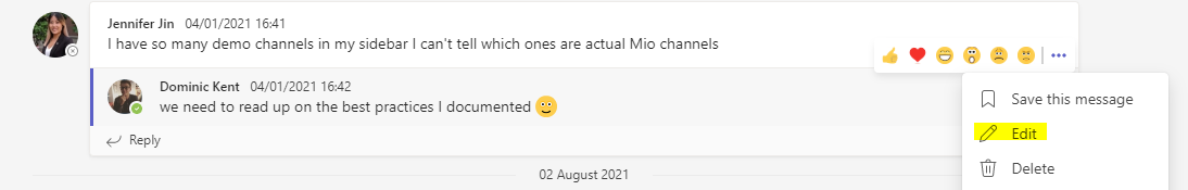 An example of using the "edit" function on Microsoft Teams