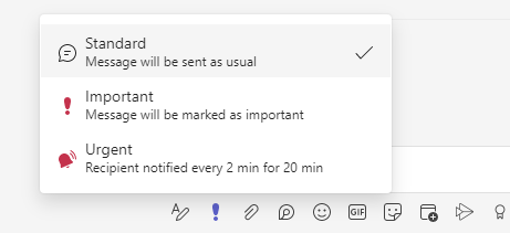 The pop-up that shows the different options such as "standard," "important," and "urgent"