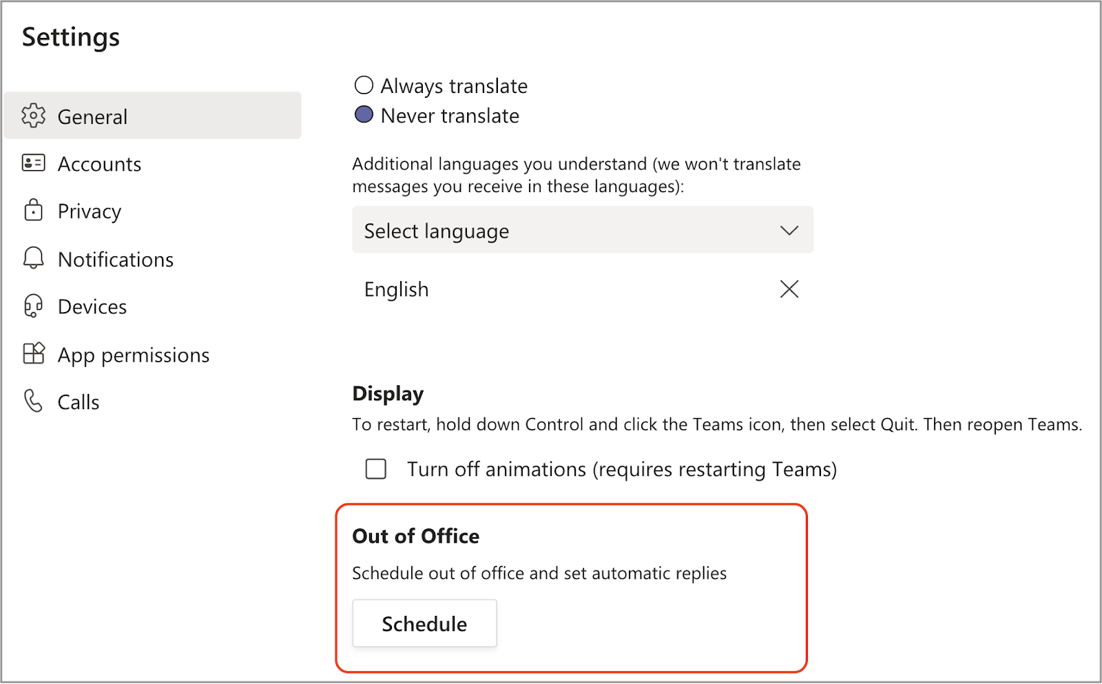 A red box highlighting the "Out of Office" option in Settings