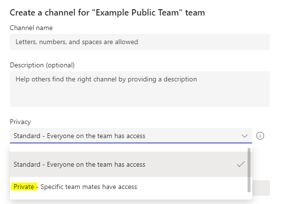 The "private" option highlighted when creating a channel on Microoft Teams
