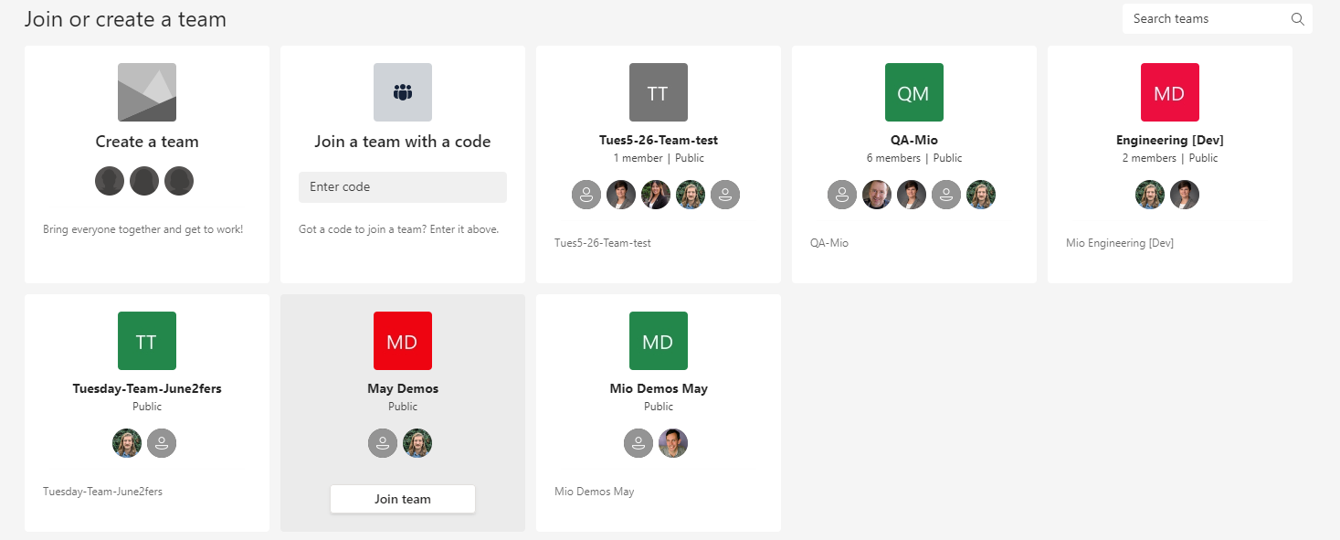 The "Join or create a team" interface on Microsoft Teams