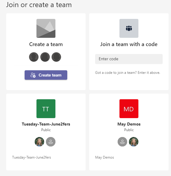 The "Join or create a team" interface on Microsoft Teams