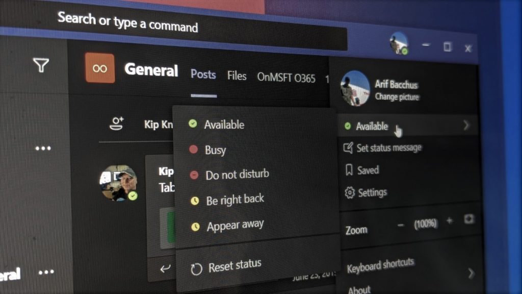 A user's status options on Microsoft Teams