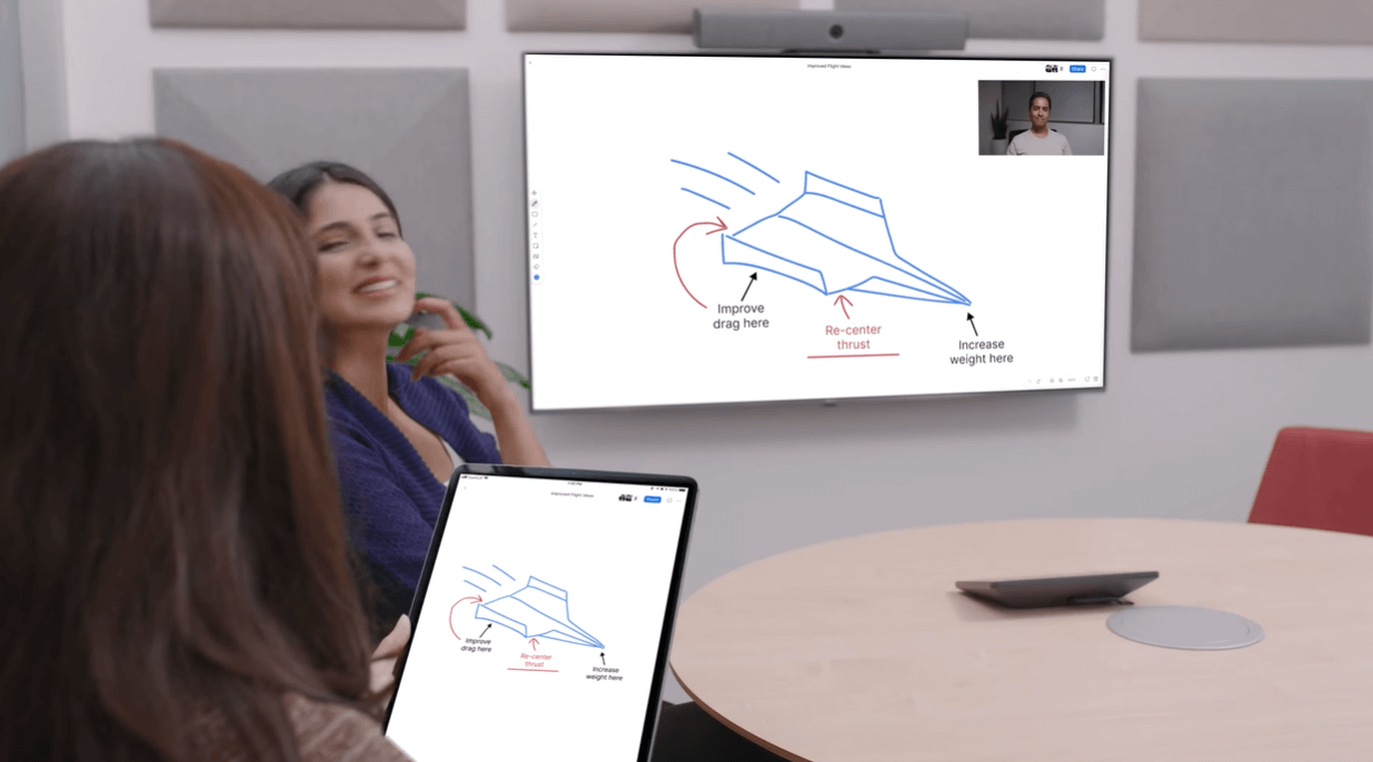 A Zoom Whiteboard screen being shown on a large shared screen as well as someone's private screen