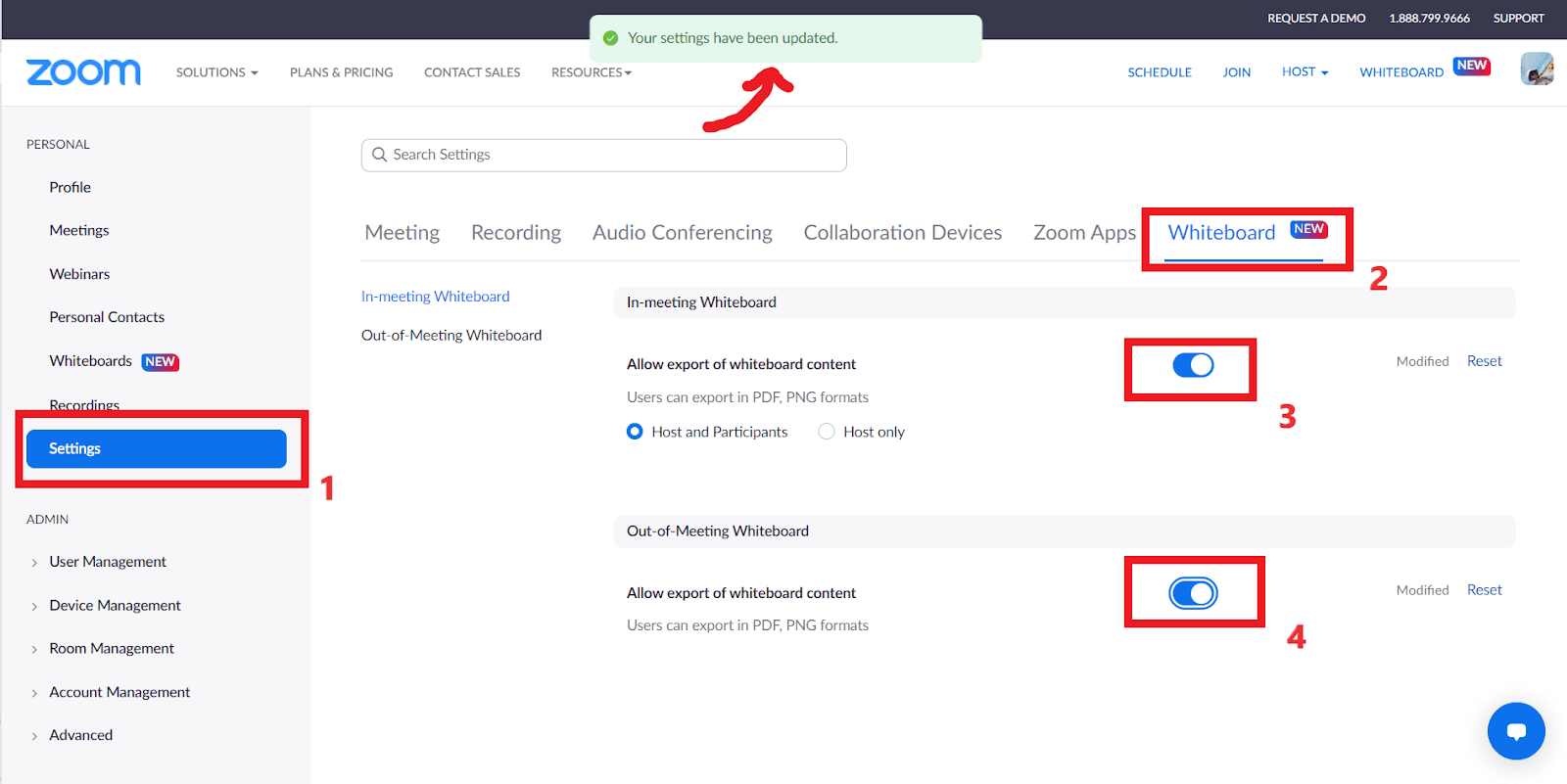 Red boxes highlighting the buttons "Settings," "Whiteboard," and the two toggle buttons under "Whiteboard." A red arrow points at a pop-up message that reads "Your settings have been updated."