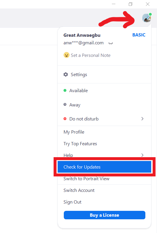 A red arrow points to a user's profile and a red box highlights the button "Check for Updates" in the dropdown menu