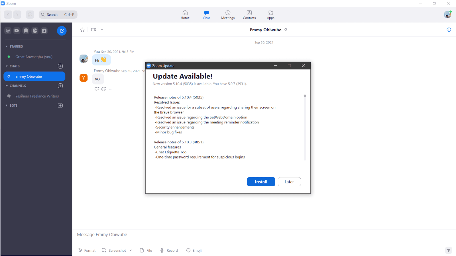A pop-up that describes an update and gives the options to install or do it "later"