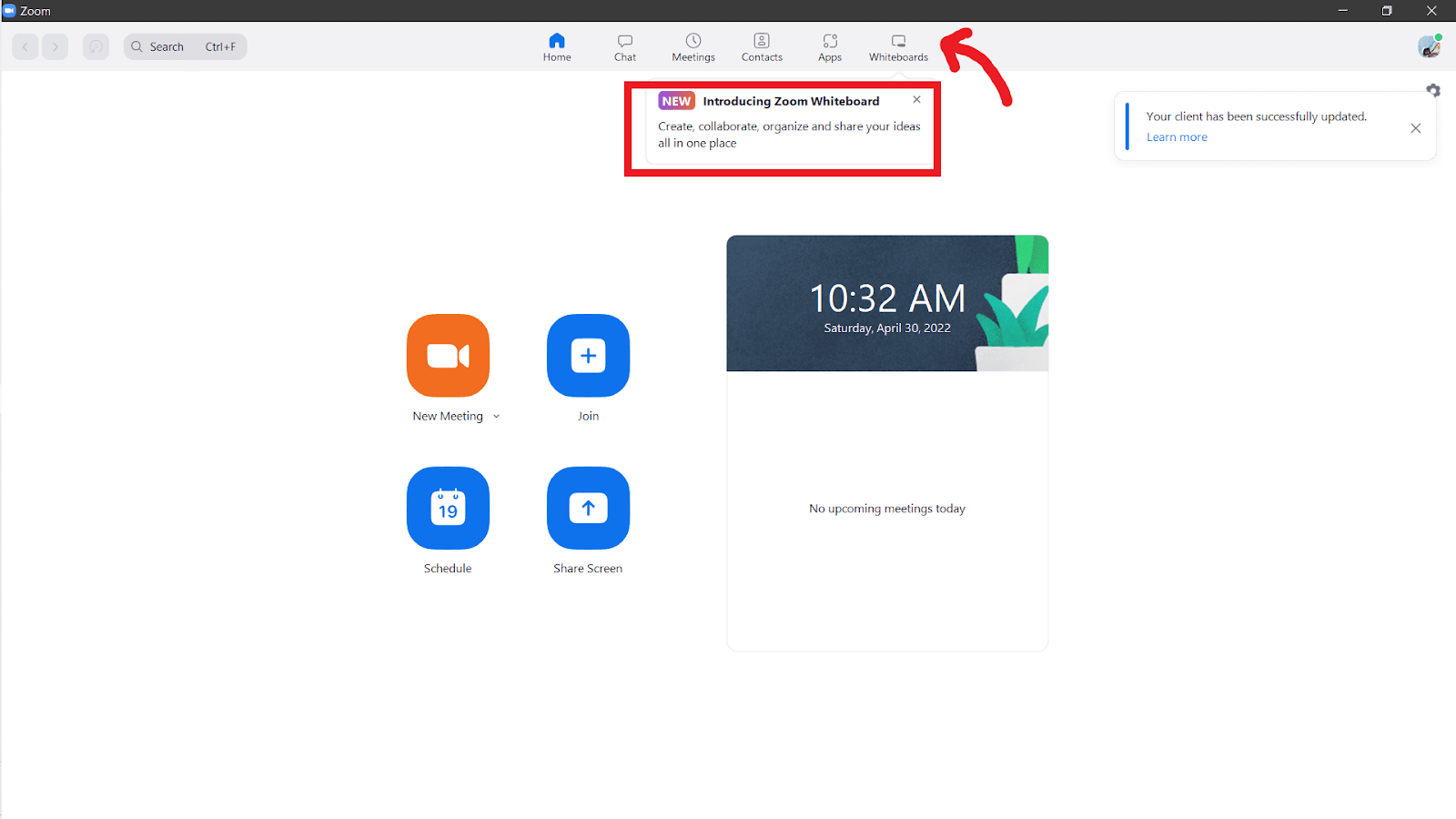A red box highlighting the pop-up message that reads, "Introducing Zoom Whiteboard"