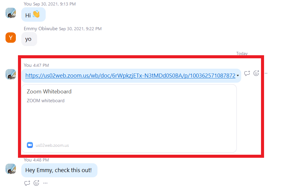 A demonstration of team members sharing persistent whiteboard links