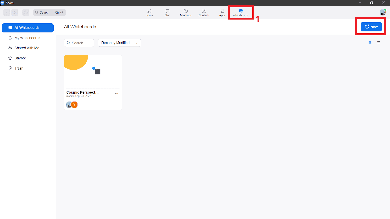 Two red boxes highlighting the "Whiteboards" button and the "New" button