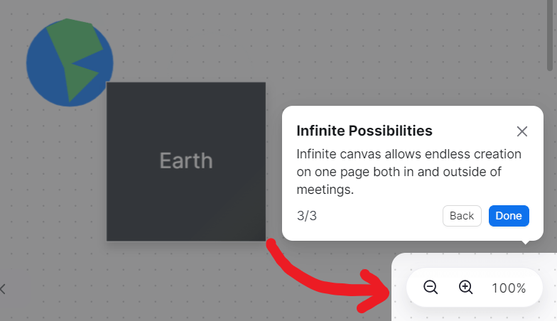 A red arrow pointing to the lower righthand corner of the interface. A pop-up message reads, "Infinite Possibilities"