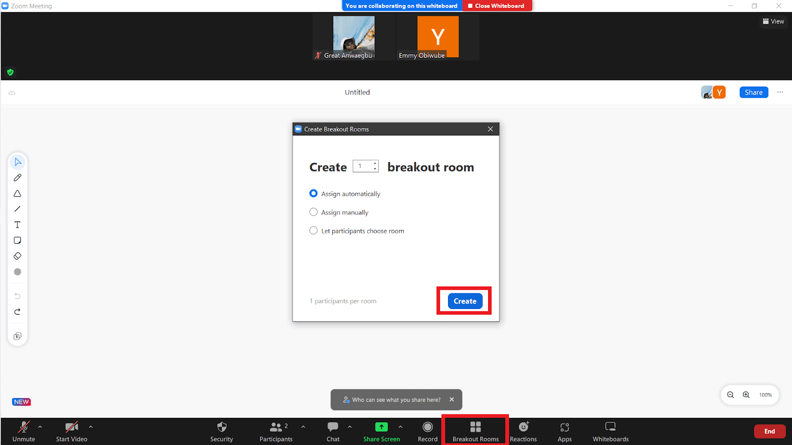 A red box highlighting the "Breakout Rooms" button and the "Create" button on the pop up