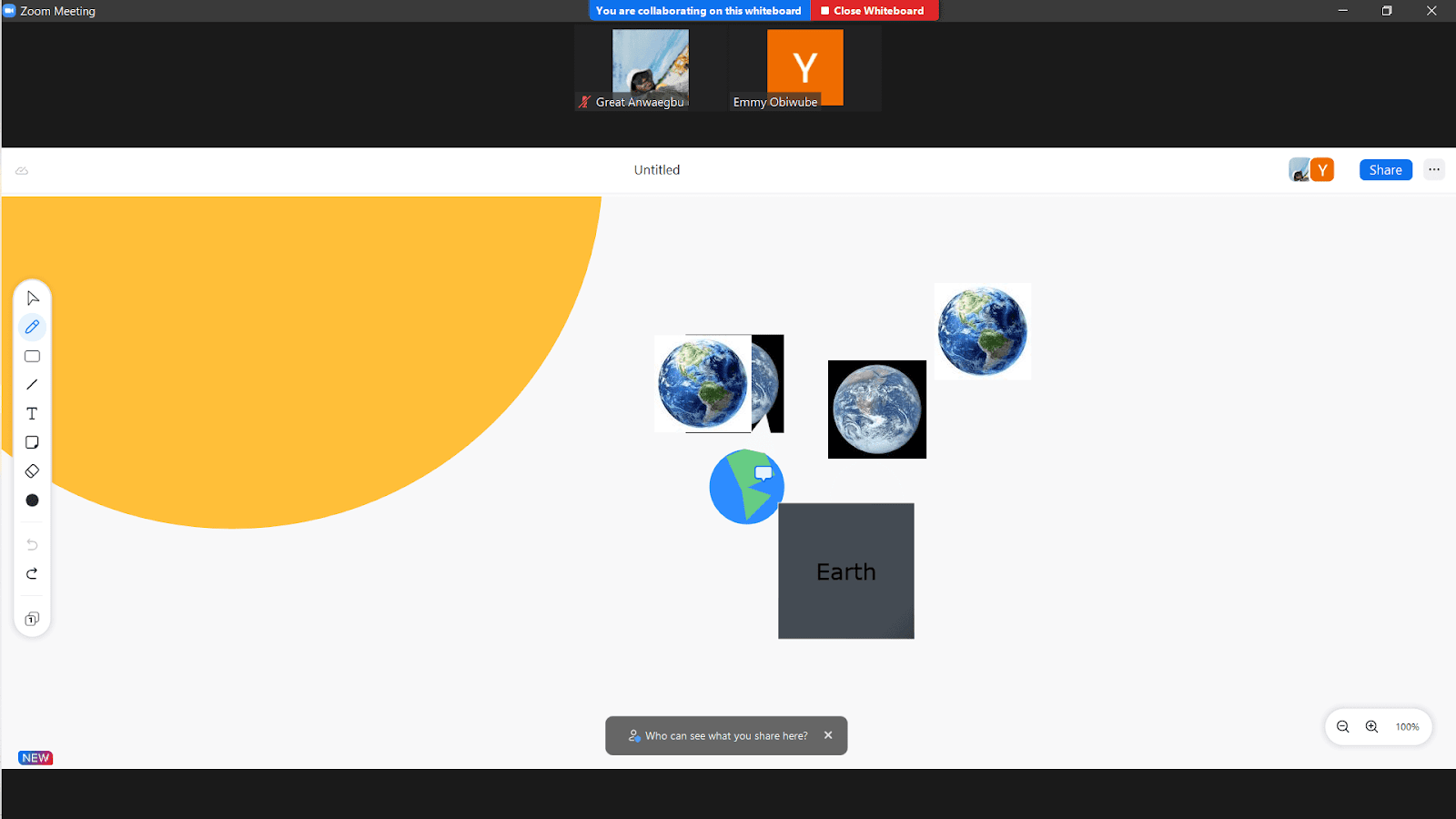 Two people in the same Zoom meeting working on the same whiteboard