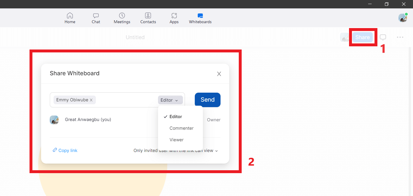 A red box highlighting the "Share" button, and the subsequent pop-up