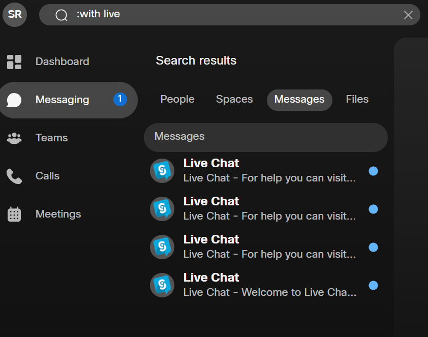 The search filter "Messages" applied to a search result