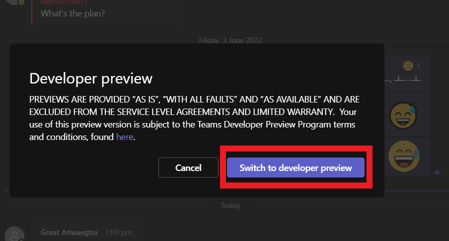 developer preview pop up