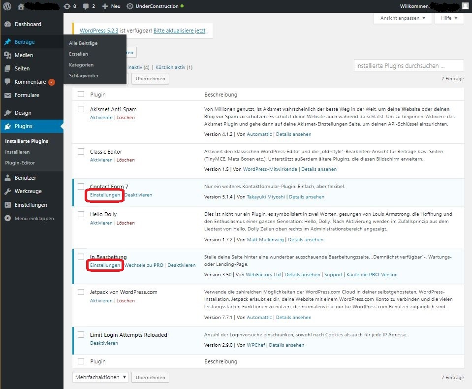 Die Einstellungen für die Plugins „Contact Form 7“ und „In Bearbeitung“ nehmen Sie direkt über das Plugin-Menü vor.