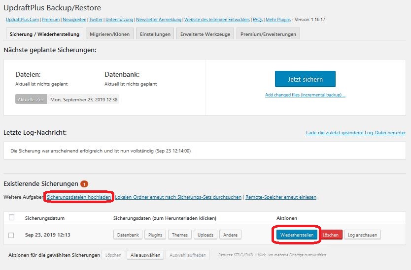 UpdraftPlus Wiederherstellen